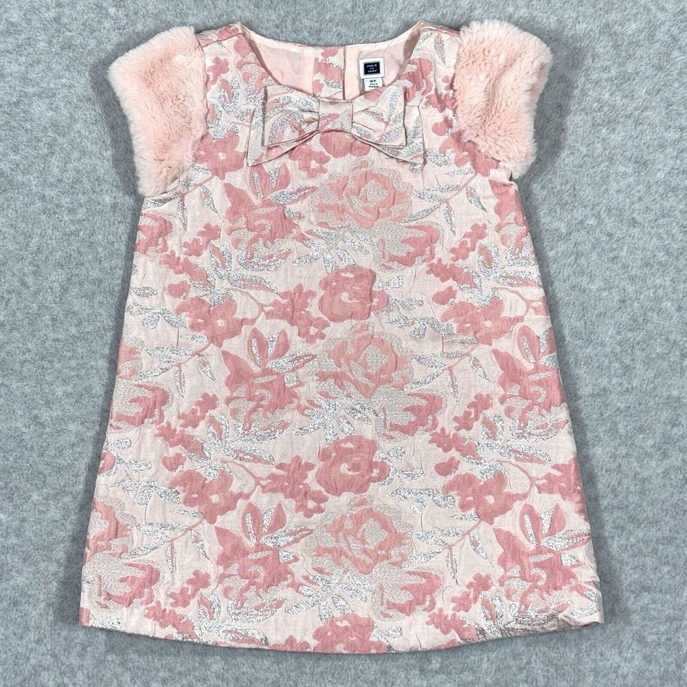 Janie and Jack Dress Girls 2T Pink Brocade Faux Fur Cap Sleeve Silver Metallic
